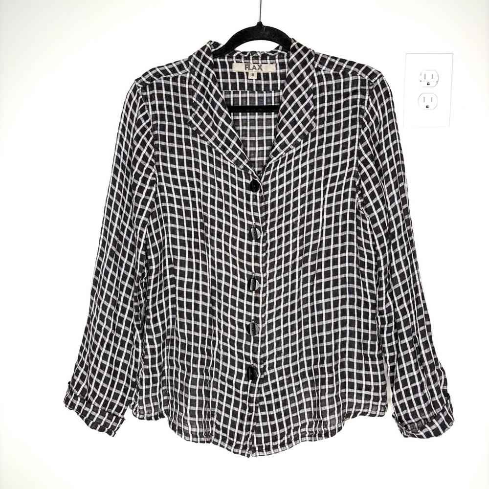 Flax By Jeanne Engelhart 100% Linen Plaid Gingham Button Down Top Black Size S